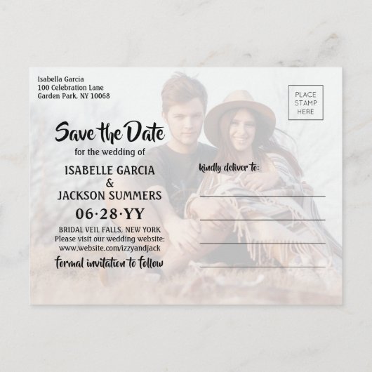 2写真スタイリッシュ書道結婚式の日付を保存 案内ポストカード (裏面)