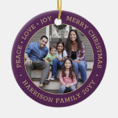 2写真ピースラブジョイメリークリスマスパープル金ゴールド セラミックオーナメント (正面)