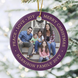 2写真ピースラブジョイメリークリスマスパープル金ゴールド セラミックオーナメント