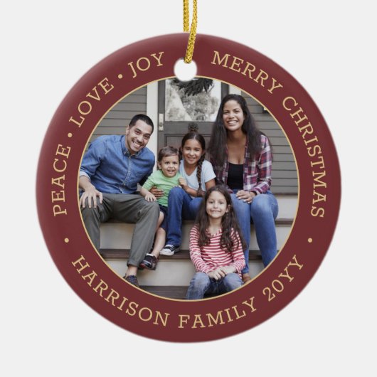 2写真ピースラブジョイメリークリスマスレッド&金ゴールド セラミックオーナメント (正面)