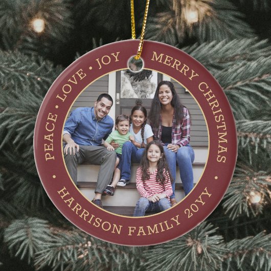 2写真ピースラブジョイメリークリスマスレッド&金ゴールド セラミックオーナメント