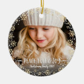 2写真ピースラブジョイ金ゴールドスノーフレーククリスマス セラミックオーナメント (正面)