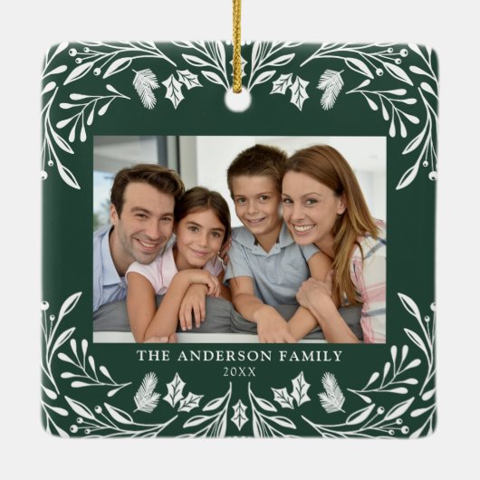 2写真ファミリー冬の緑のクリスマス セラミックオーナメント (裏面)
