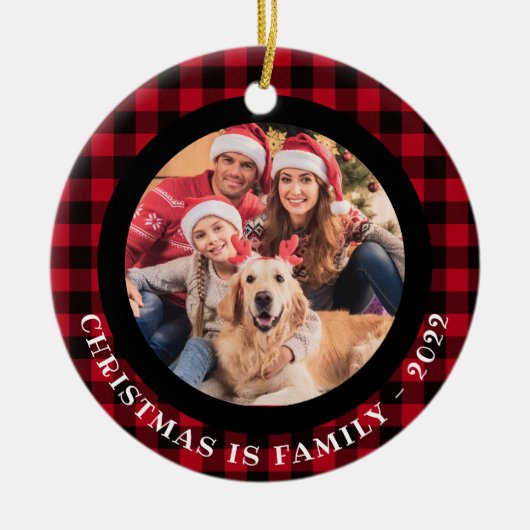 2写真ペットと家族の写真バッファロープレイド セラミックオーナメント (正面)