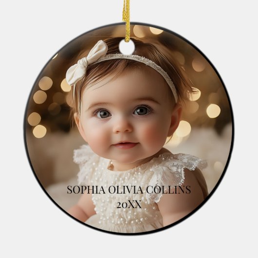 2写真ミニマル可愛い生まれたばかりのベビー名モダンクリスマス セラミックオーナメント (裏面)