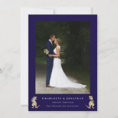 2写真モダン恐竜テーマのネイビ結婚ーブルー サンキューカード (正面)