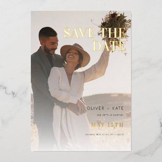 2写真モダン結婚式の日付の保存 箔招待状 (正面)