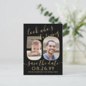 2写真ルック誰50誕生日日付金ゴールドを保存 案内ポストカード (スタンド正面)