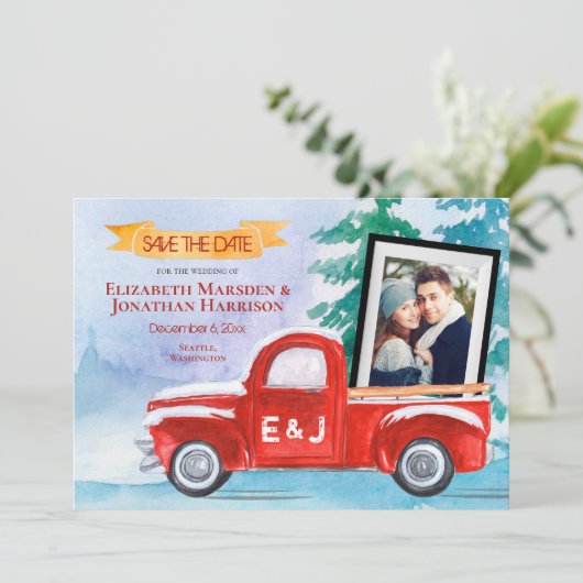 2写真ヴィンテージレッドトラック冬クリスマス セーブザデート (スタンド正面)