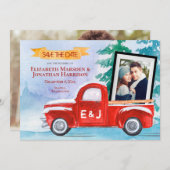 2写真ヴィンテージレッドトラック冬クリスマス セーブザデート (正面/裏面)