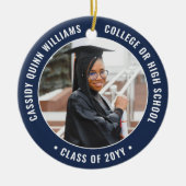 2写真卒業エレガントネイビモダンーブルー白 セラミックオーナメント (正面)