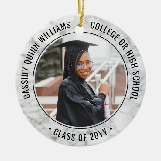 2写真卒業エレガント大理石フェイク白黒 セラミックオーナメント (正面)