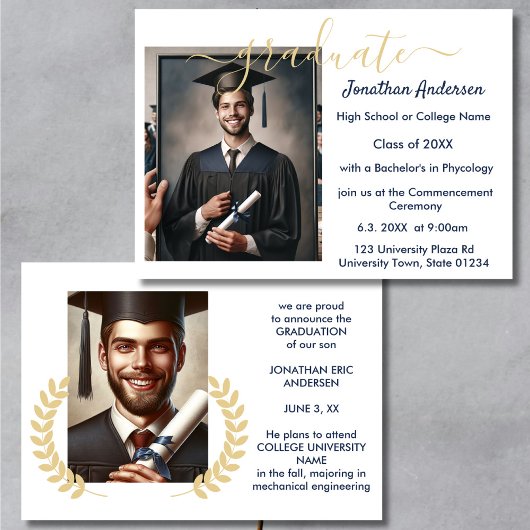 2写真卒業コラージスクリプトNavy Blue White 案内状