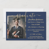 2写真卒業コラージュScript Navy Blue & 金ゴールド 案内状 (正面)