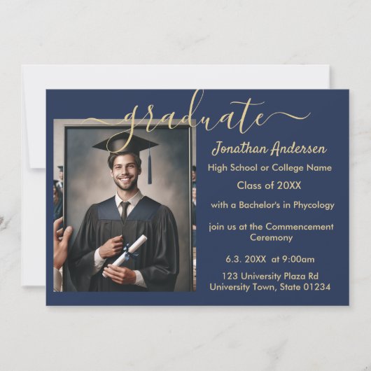 2写真卒業コラージュScript Navy Blue & 金ゴールド 案内状 (正面)