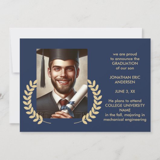 2写真卒業コラージュScript Navy Blue & 金ゴールド 案内状 (裏面)