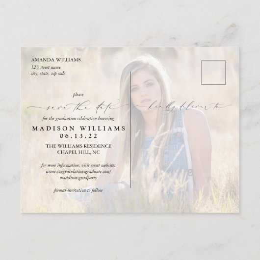 2写真卒業スモダンクリプト日付の保存 案内ポストカード (裏面)