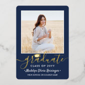 2写真卒業パーティーモダンネイビーブルーと 箔招待状 (正面)