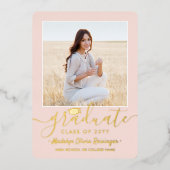 2写真卒業パーティーモダン赤面ピンク&実在 箔招待状 (正面)