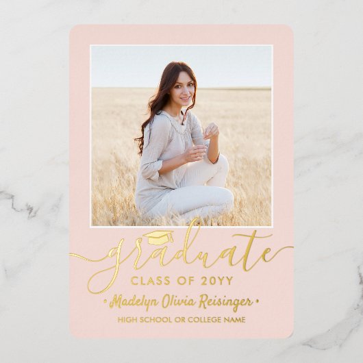 2写真卒業パーティーモダン赤面ピンク&実在 箔招待状 (正面)