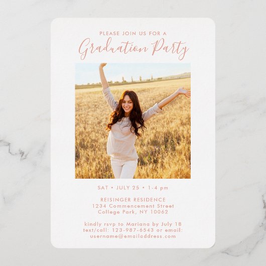 2写真卒業パーティーモダン赤面ピンク&実在 箔招待状 (裏面)