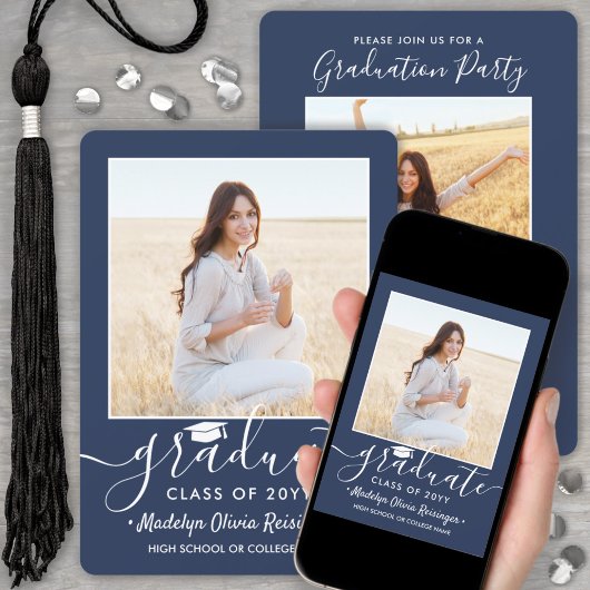 2写真卒業パーティー海軍ブルー&ホワイトスクリプト 招待状