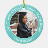 2写真卒業ブラシ付きエレガントティール(緑がかった色)ブルーホワイト セラミックオーナメント (正面)