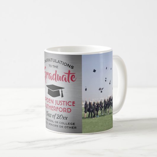 2写真卒業ブラシ付きグレー赤と黒 コーヒーマグカップ (正面右)