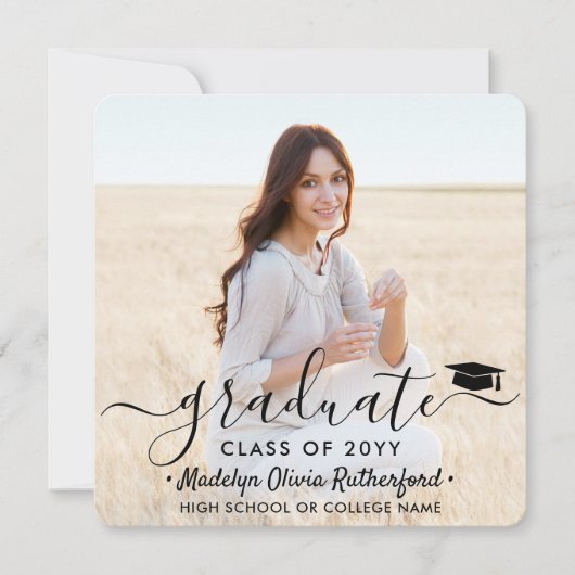 2写真卒業モダンシンプルScript Square 招待状 (正面)