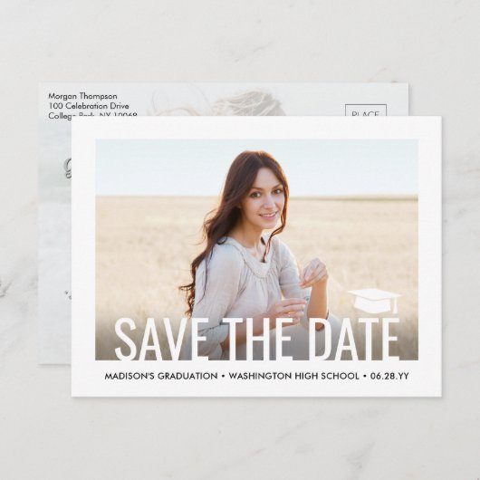 2写真卒業モダンミニマリスト日付の保存 案内ポストカード (正面/裏面)