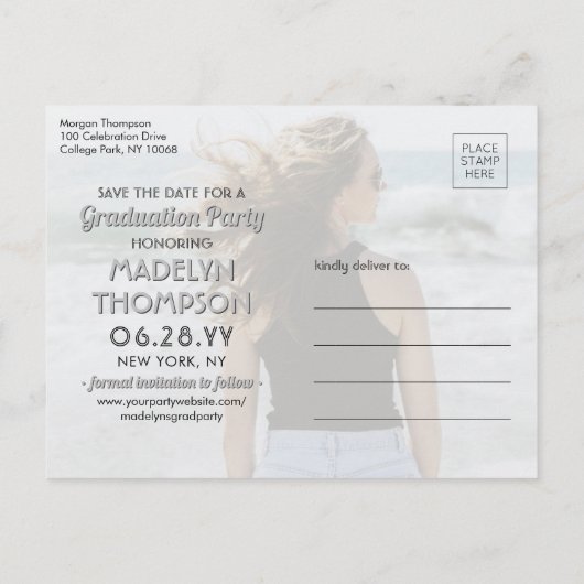 2写真卒業モダンミニマリスト日付の保存 案内ポストカード (裏面)