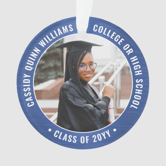 2写真卒業式ブラシ付き青王室のと白 オーナメント (正面)