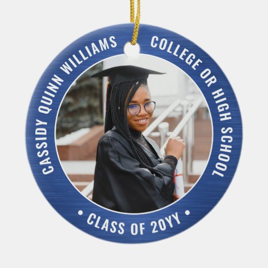 2写真卒業式ブラシ付き青王室のと白 セラミックオーナメント (正面)