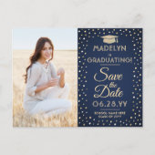 2写真卒業Save the Date Navy Blue & 金ゴールド 案内ポストカード (正面)