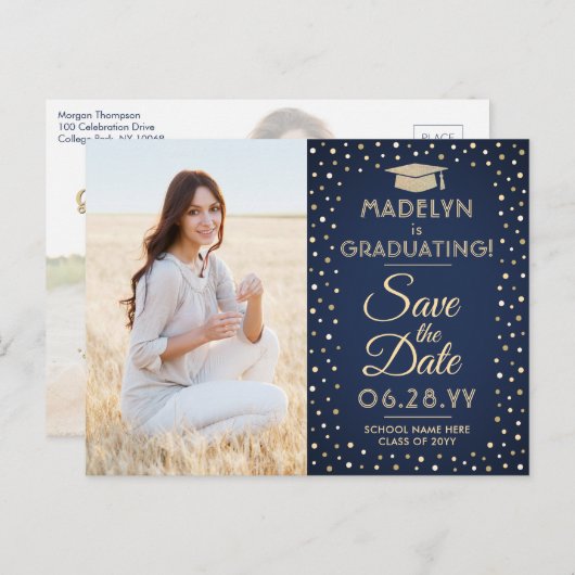 2写真卒業Save the Date Navy Blue & 金ゴールド 案内ポストカード (正面/裏面)