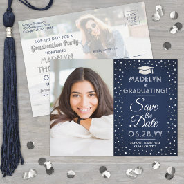 2写真卒業Save the Date Navy Blue & White 案内ポストカード
