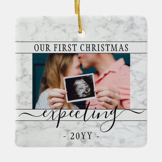 2写真妊娠の新しい親1番目のクリスマスが期待 セラミックオーナメント (正面)