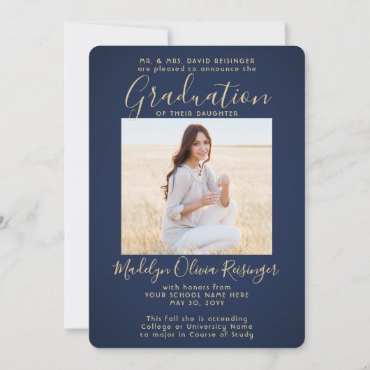 2写真親おめでとうネイビーブルー金ゴールド卒業 案内状 (裏面)