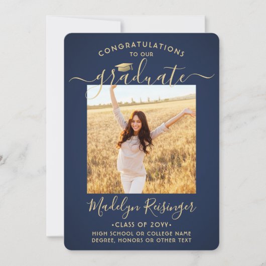 2写真親おめでとうネイビーブルー金ゴールド卒業 案内状 (正面)