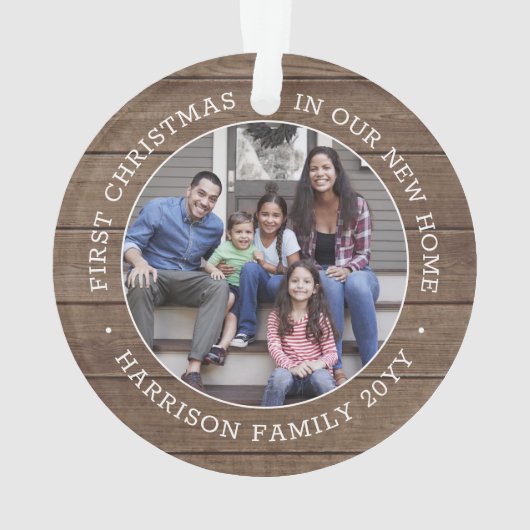 2写真1stクリスマス引っ越し祝いパーティーブラウンフェイクウッド オーナメント (裏面)