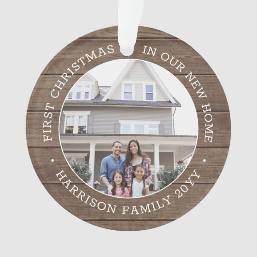 2写真1stクリスマス引っ越し祝いパーティーブラウンフェイクウッド オーナメント (正面)