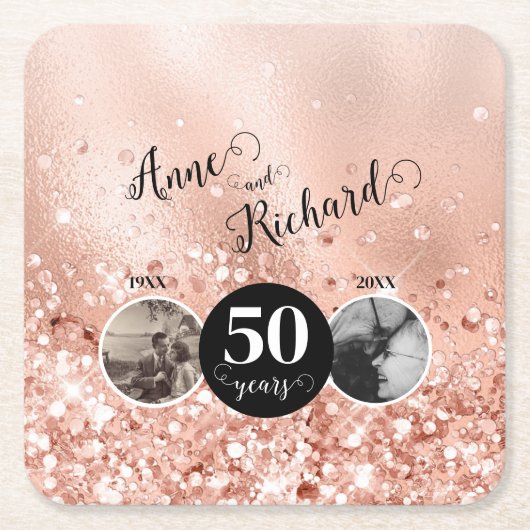 2写真「Then and Now」結婚の記念日 スクエアペーパーコースター (正面)