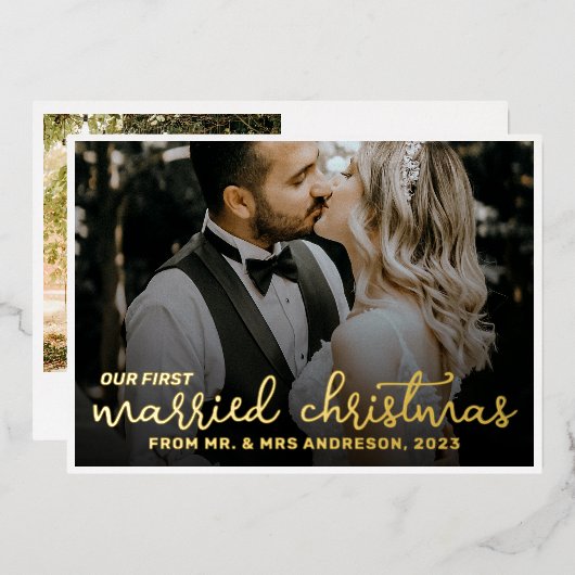 2写真Newlyweds 1st結婚した Christmas Script 箔シーズンカード (正面/裏面)