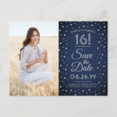 2写真Sweet 16誕生日Save the Date Navy Blue インビテーションポストカード (正面)