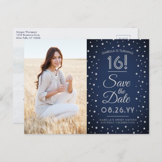 2写真Sweet 16誕生日Save the Date Navy Blue インビテーションポストカード (正面/裏面)