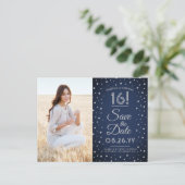 2写真Sweet 16誕生日Save the Date Navy Blue インビテーションポストカード (スタンド正面)