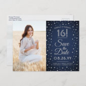 2写真Sweet 16誕生日Save the Date Navy Blue インビテーションポストカード (正面/裏面)