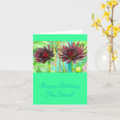 2匹のえんじ色のワイン色のダリア カード (黄色い花)