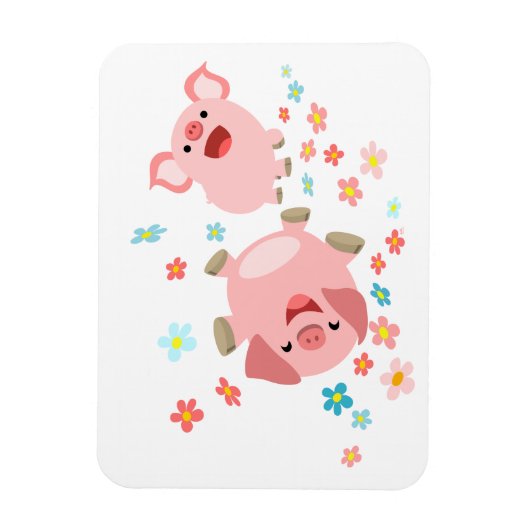 2匹のかわいい漫画の豚の春・フレキシブル・マグネット マグネット (縦)