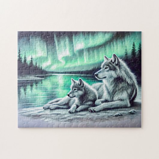 2匹のオオカミが水辺でノーザンライトで ジグソーパズル (横)